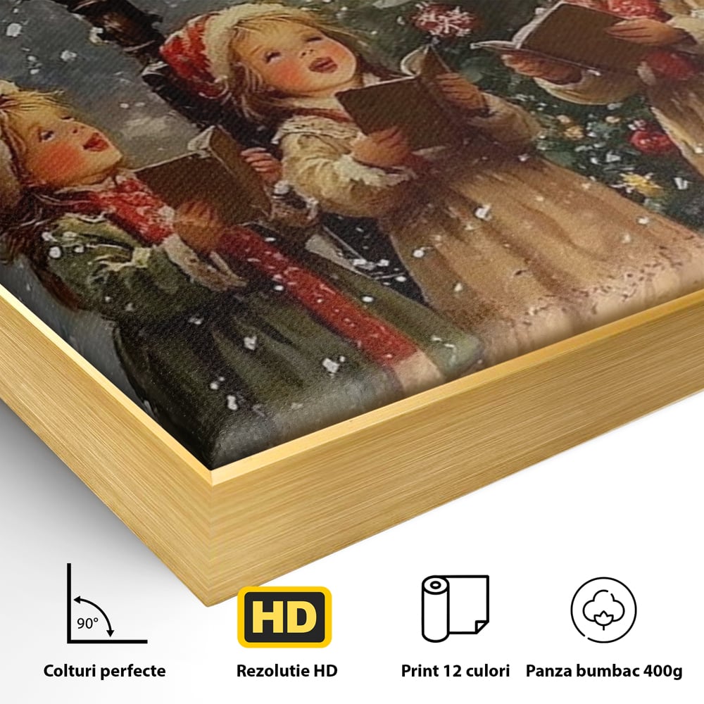 Detaliu al suprafetei: pictura cu trei fetite colindatoare, in rama de aluminiu auriu